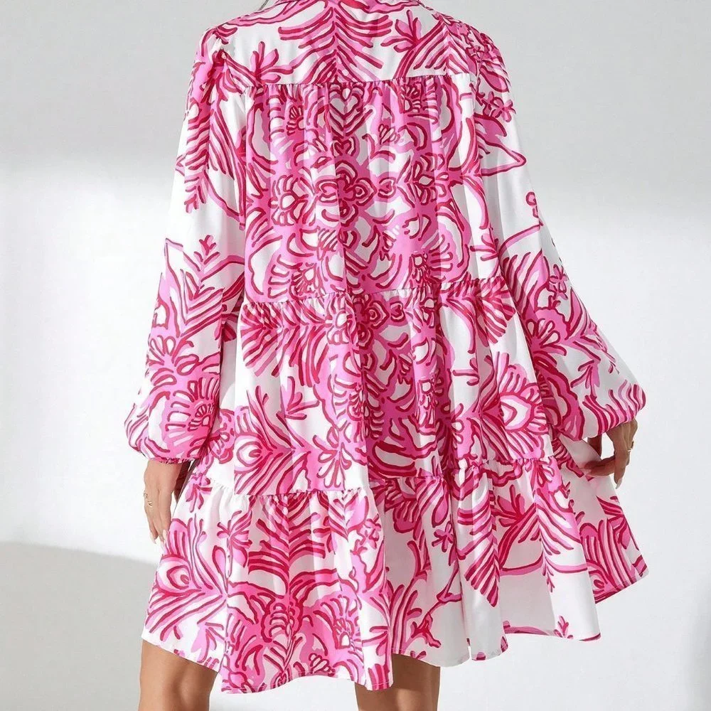 Pink Boho Womens Floral Print Ruffle Hem Smock Dress Without Belt - Picture 2 of 5